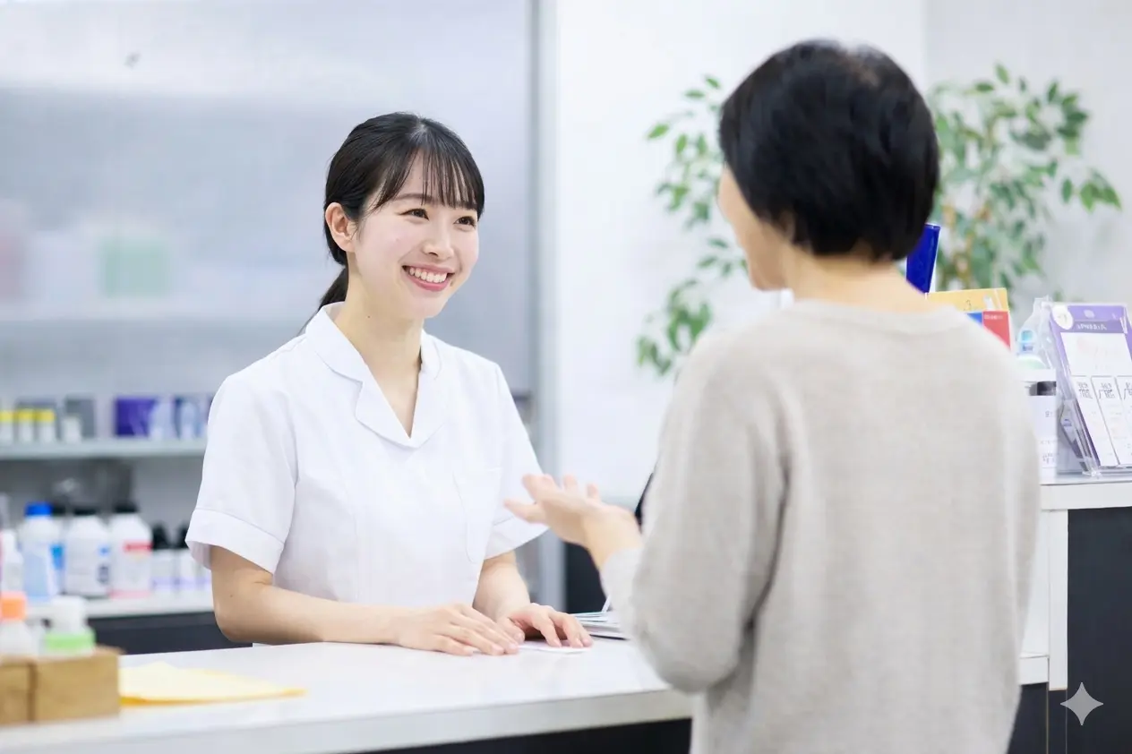 患者と笑顔で話す薬剤師